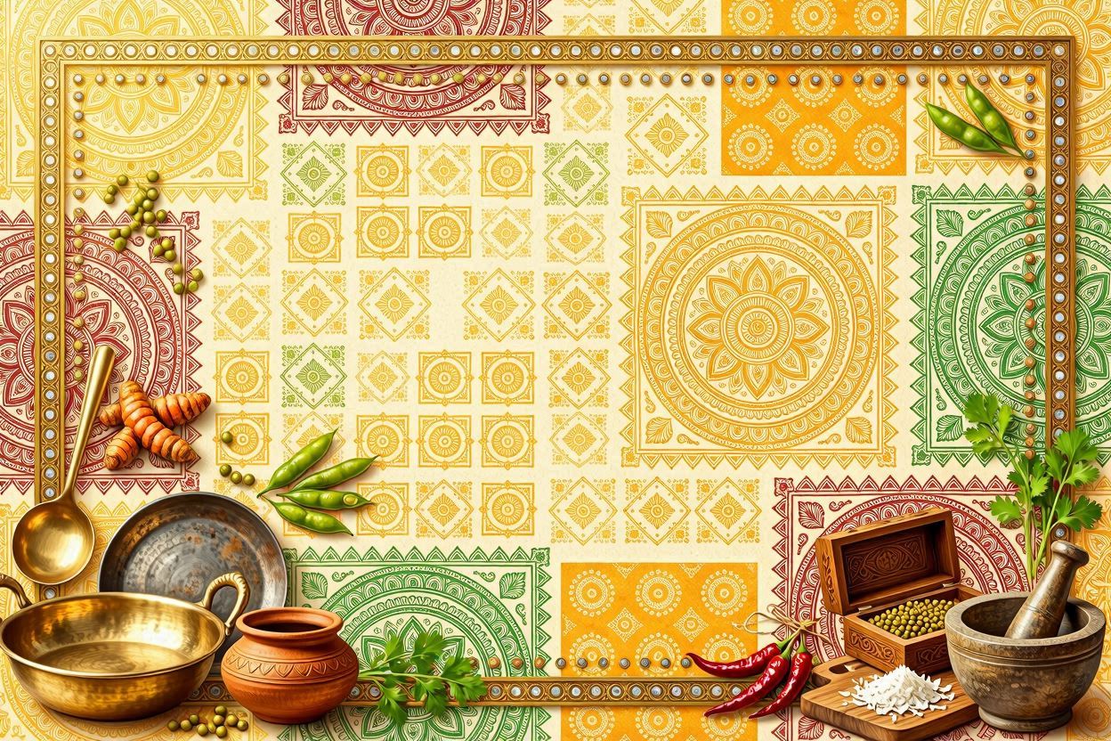Traditional Indian brass vessels and spices